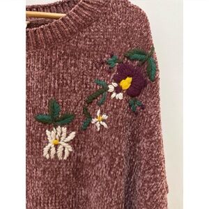 Anthropologie Mauve Floral Embroidered Sweater